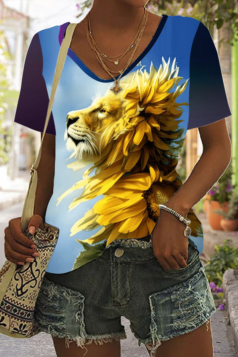 Lion Sunflower Print Tie-Dye V Neck T-shirt