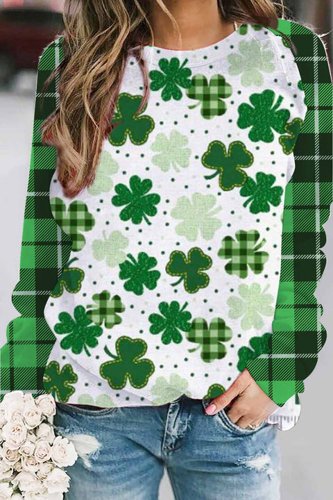 Casual Lucky Green Shamrocks Paid Printed Sweatshirt