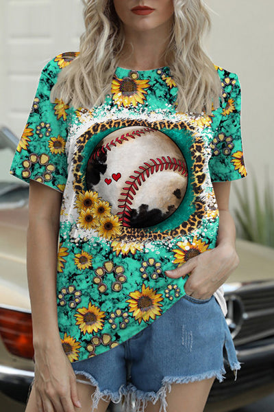 Western Sunflower Baseball Concho Printed Round Neck Short Sleeve T-shirt