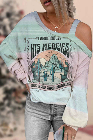 His Mercies Are New Every Morning Christian Print Off-Shoulder Blouse