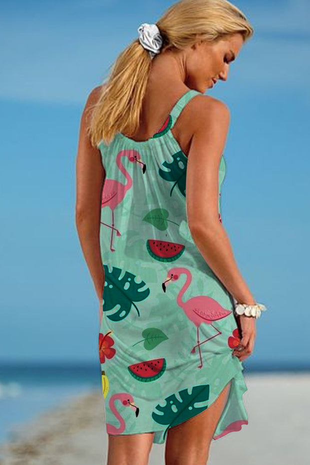 Flamingos Flowers And Plant Pattern Beach Sleeveless Dress