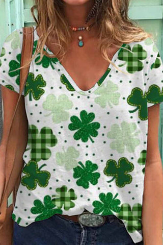 Casual Lucky Green Shamrocks Paid Printed V-neck T-shirt