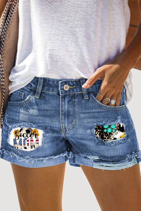 Western Soccer Mom 4th July Print Ripped Denim Shorts