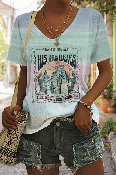 His Mercies Are New Every Morning Christian Print V-neck T-shirt