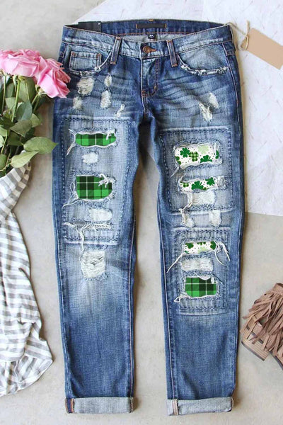 Casual Lucky Green Shamrocks Paid Printed Ripped Denim Jeans