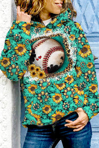 Western Sunflower Baseball Concho Printed Long Sleeve Hoodie
