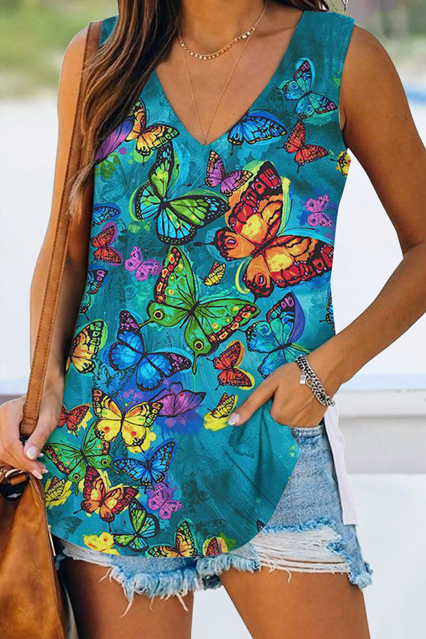 Butterflies Blue Sleeveless V-neck Tank