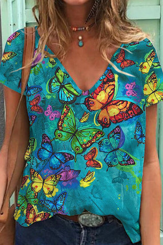 Butterflies Blue V-neck Short Sleeve T-shirt