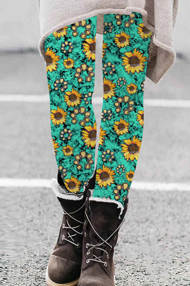 Western Sunflower Baseball Concho Printed Leggings