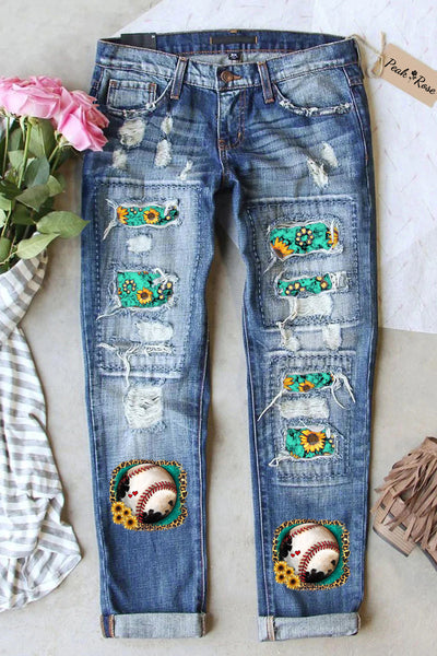 Western Sunflower Baseball Concho Printed Ripped Denim Jeans