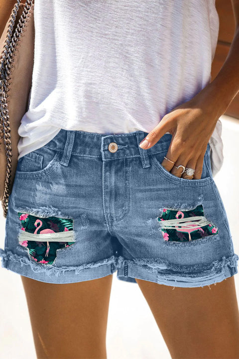 Spring/Summer Flamingos Denim Ripped Shorts