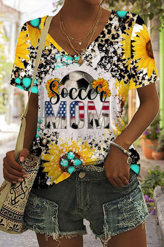 Western Soccer Mom 4th July Print Tie-Dye V Neck T-shirt