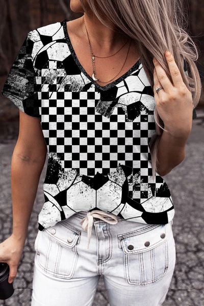 Checkerboard Graphic & Soccer Pattern T-shirt