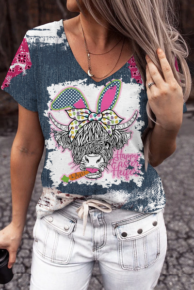 Happy Easter Heifer Denim Print Splicing T-shirt