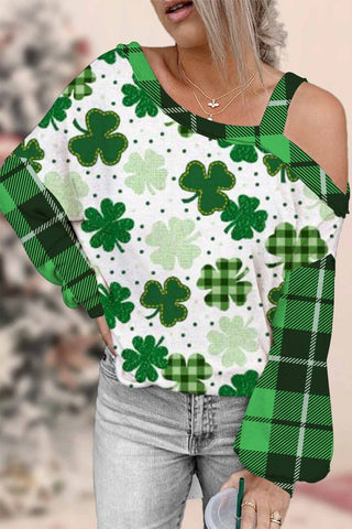 Casual Lucky Green Shamrocks Paid Printed Off-shoulder Blouse