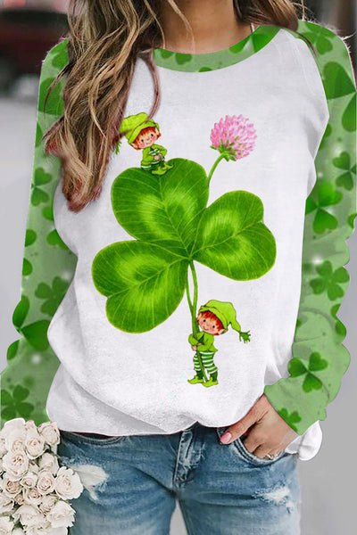 Casual Lucky Green Shamrocks Stripe Girls Printed Sweatshirt