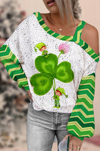 Casual Lucky Green Shamrocks Stripe Girls Printed Off-shoulder Blouse