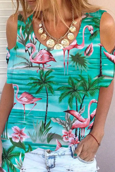 Spring/Summer Flamingos Coconut Tree Cold Shoulder T-shirt