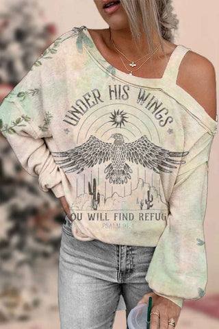 Under His Wings You Will Find Refuge Christian Print Off-Shoulder Blouse