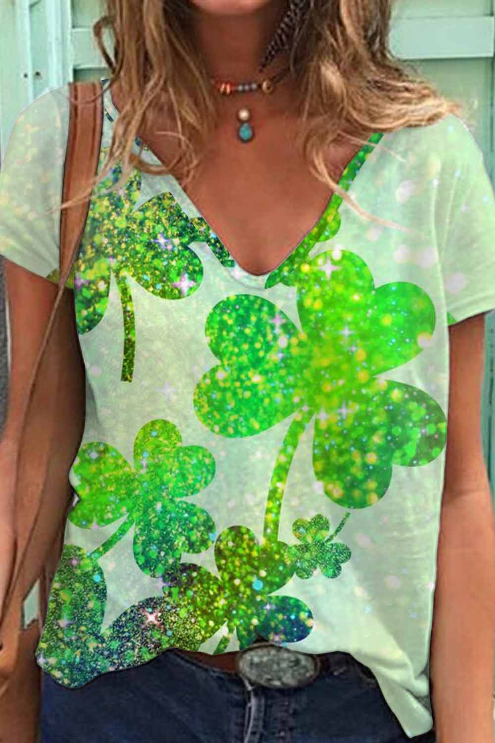 Casual Glitter Lucky Green Shamrocks Paid Printed V-neck T-shirt