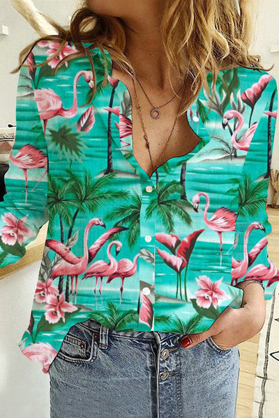 Spring/Summer Flamingos Coconut Tree Long Sleeve Shirt