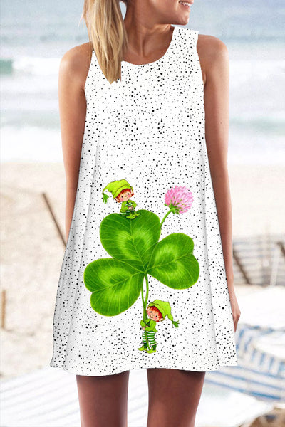 Casual Lucky Green Shamrocks Stripe Girls Printed Tank Dress