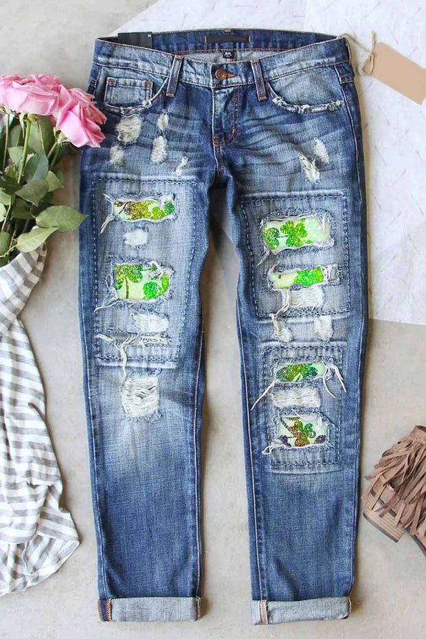 Casual Glitter Lucky Green Shamrocks Paid Printed Ripped Denim Jeans