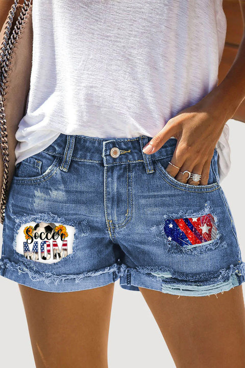 Soccer Mom 4th July Print Ripped Denim Shorts