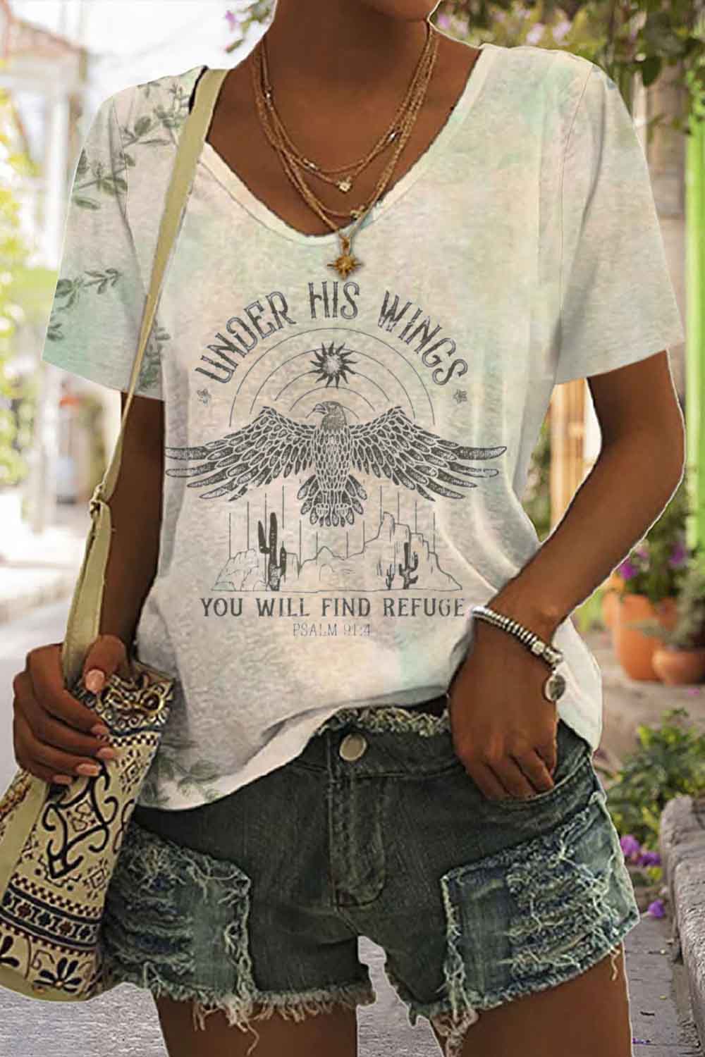 Under His Wings You Will Find Refuge Christian Print V-neck T-shirt