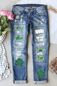 Green Leopard Shamrocks Polka Dots Ripped Denim Jeans