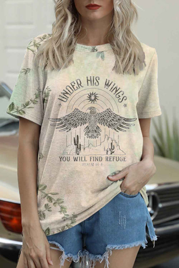 Under His Wings You Will Find Refuge Christian Print Round Neck T-shirt