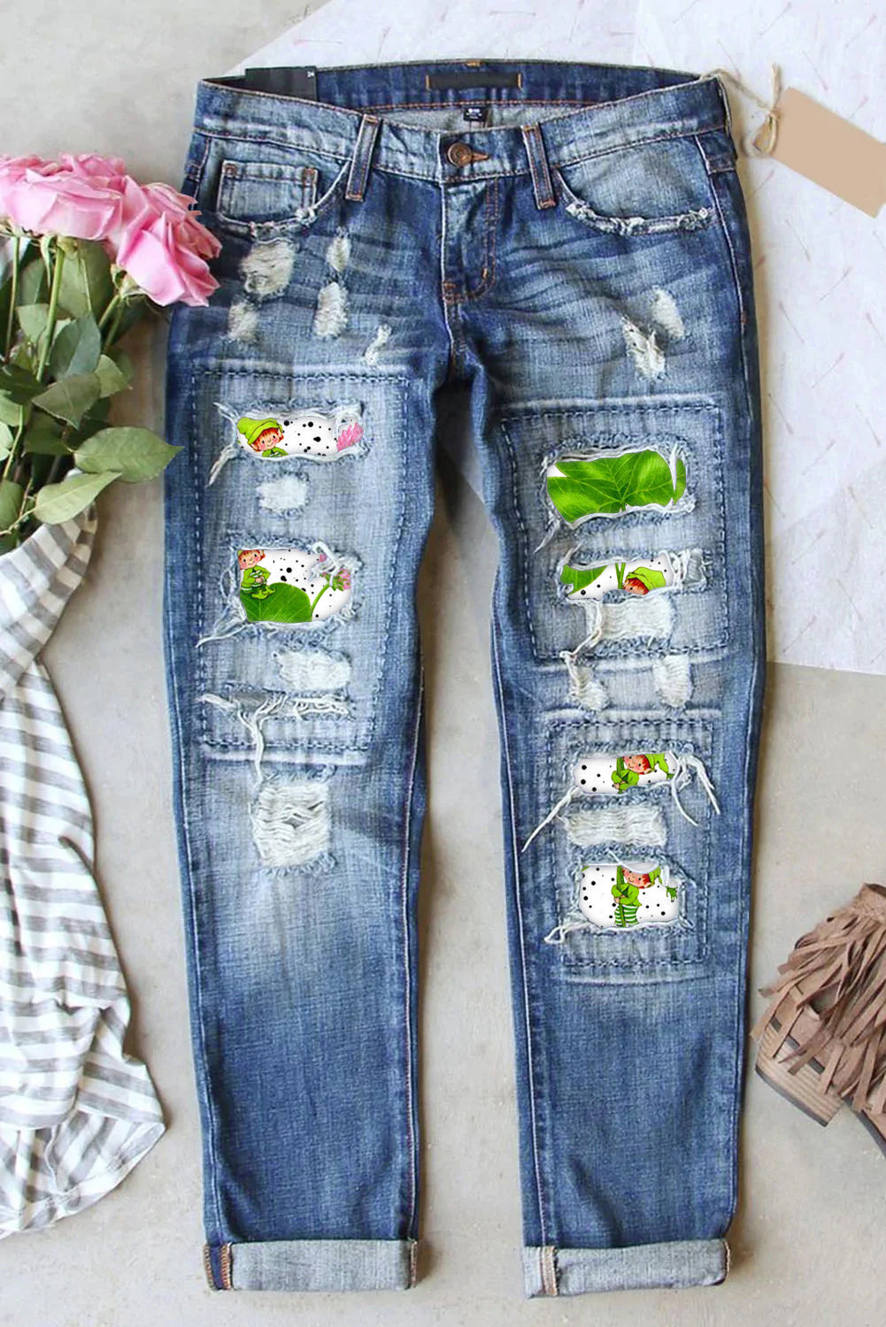 Casual Lucky Green Shamrocks Stripe Girls Printed Ripped Denim Jeans