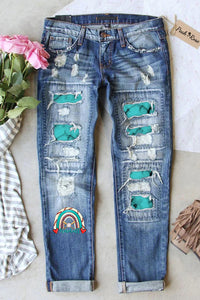 Casual Baseball Rainbow Marble Printed Ripped Denim Jeans