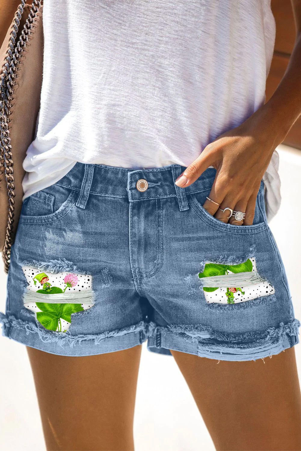 Casual Lucky Green Shamrocks Stripe Girls Printed Denim Shorts