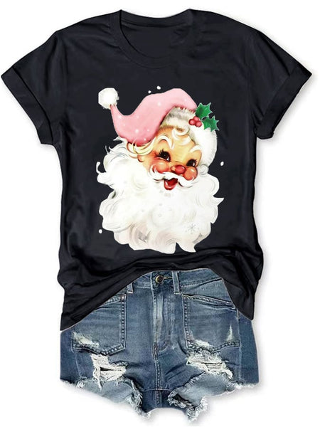 Holiday Pink Santa Print T-Shirt