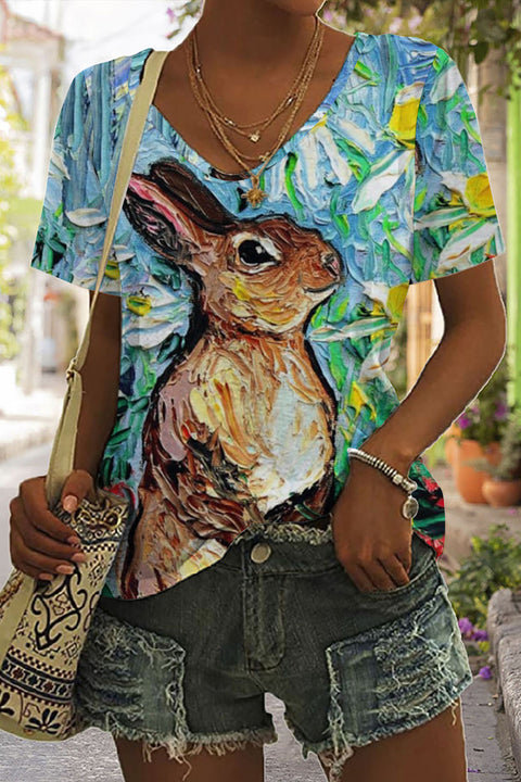 Happy Easter Day Bunny Floral Abstract Art V Neck Short Sleeve T-shirt