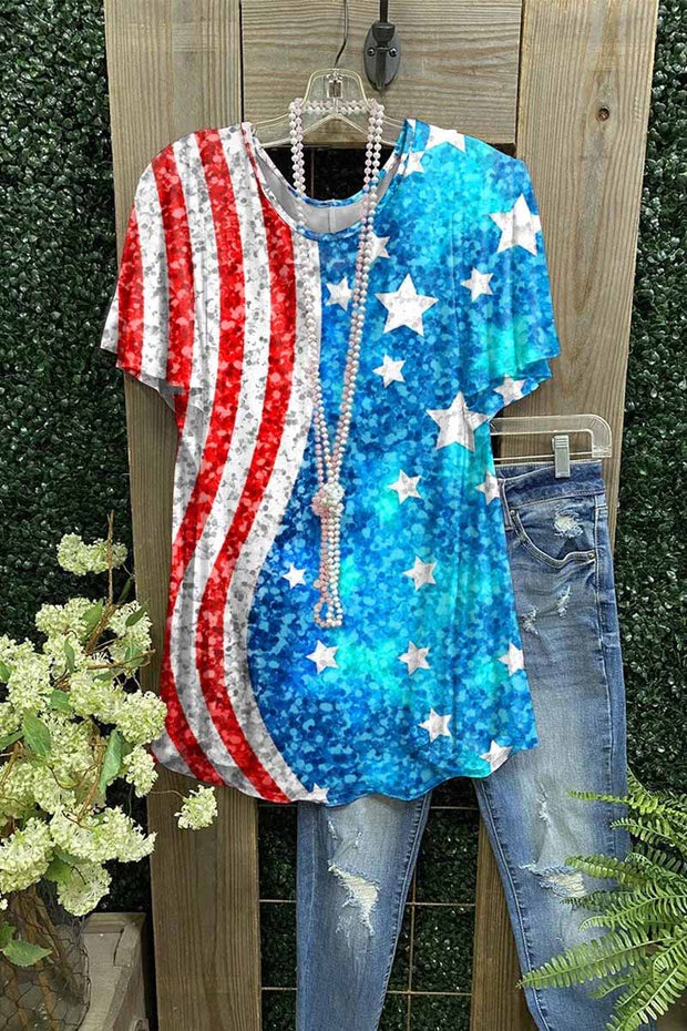 Women\'S American Flag Star Sequin Patchwork Print Casual Tops