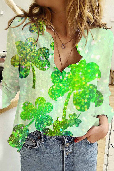 Casual Glitter Lucky Green Shamrocks Paid Printed Long Sleeve Shirt