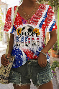 Soccer Mom 4th July Print Tie-Dye V Neck T-shirt