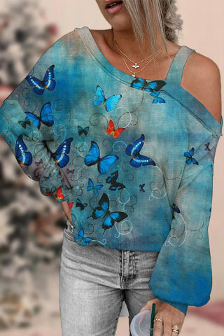 Butterflies Blue Off-shoulder Blouse