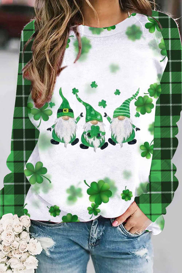 Casual Green Gnomes Lucky Shamrocks Paid Printed Sweatshirt