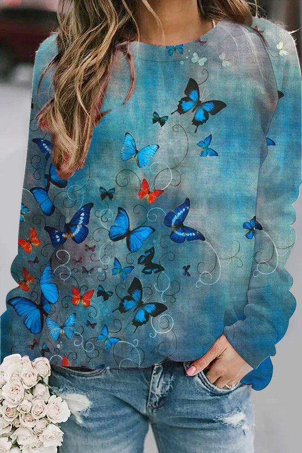 Butterflies Blue Round Neck Long Sleeve Sweatshirt