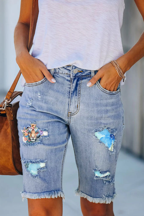 Eagle Flowers Print Denim Shorts