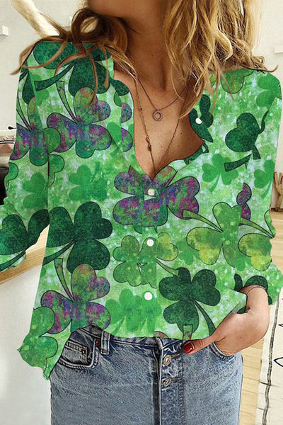 Casual Lucky Green Shamrocks Printed Long Sleeve Shirt