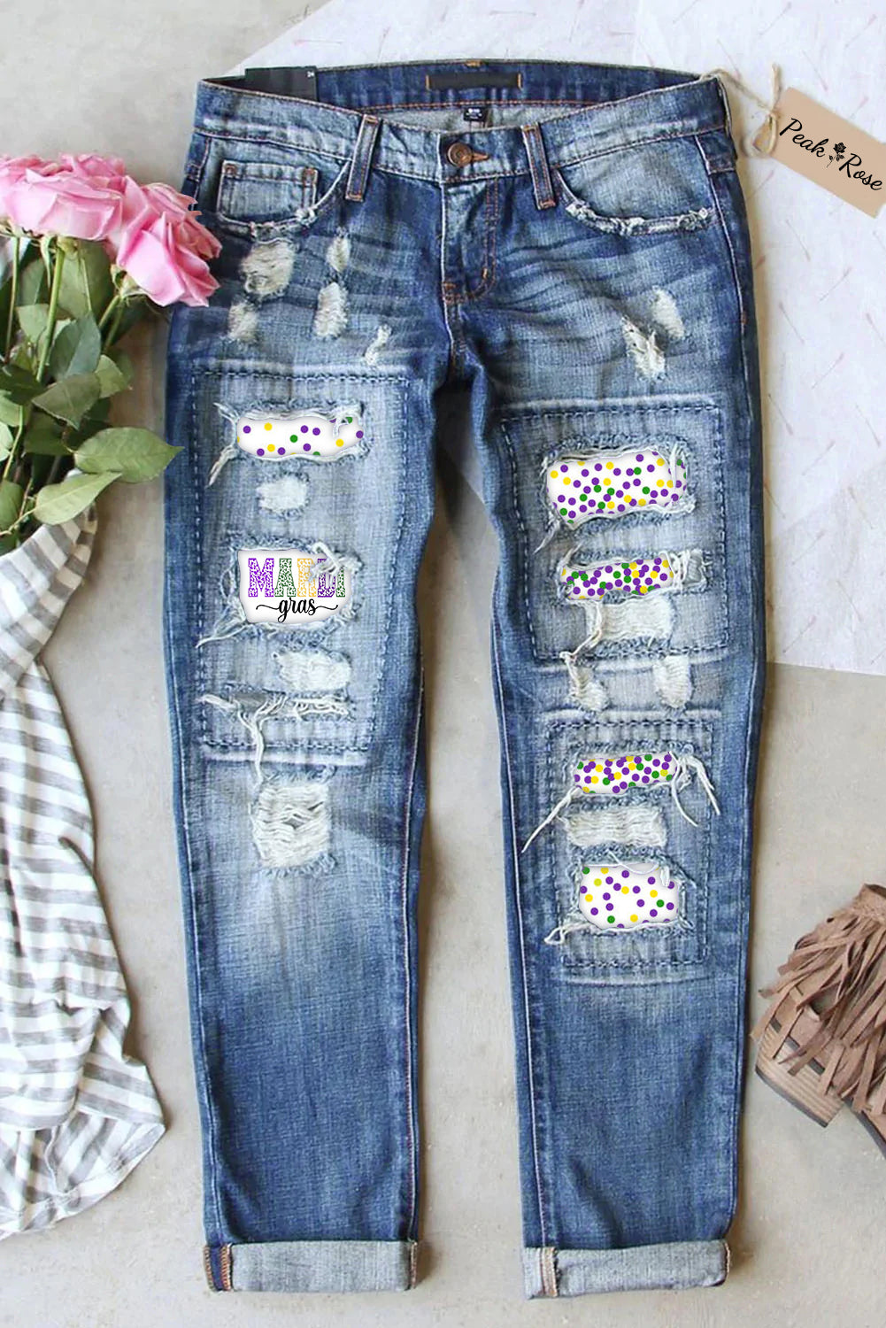 Mardi Gras Polka Colored Dots Ripped Denim Jeans
