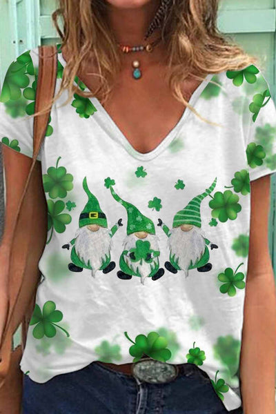 Casual Green Gnomes Lucky Shamrocks Paid Printed V-neck T-shirt