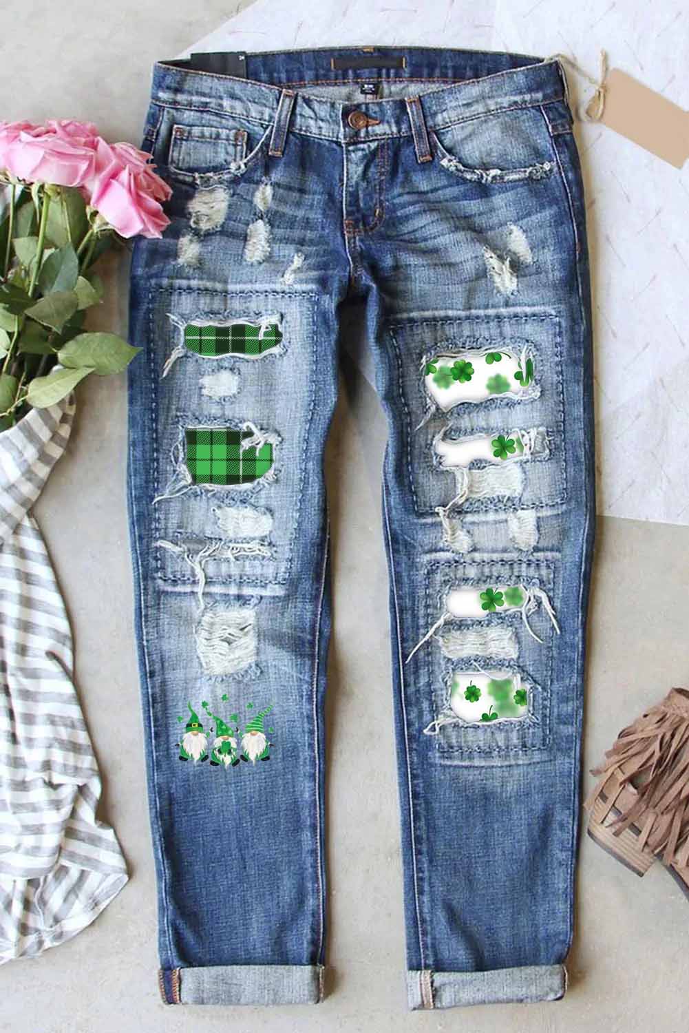 Casual Green Gnomes Lucky Shamrocks Paid Printed Ripped Denim Jeans