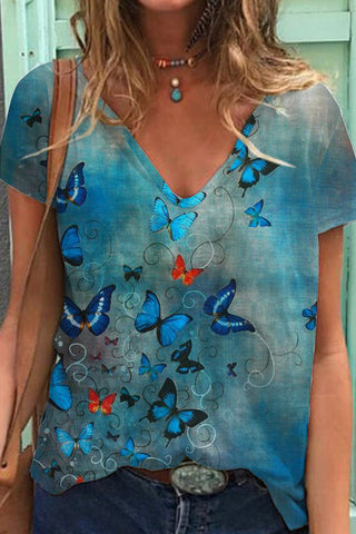 Butterflies Blue V-neck Short Sleeve T-shirt