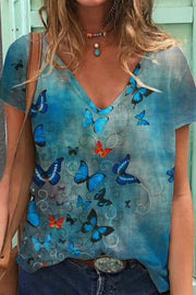 Butterflies Blue V-neck Short Sleeve T-shirt