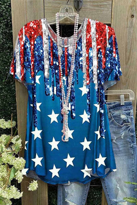 Women\'S American Flag Star Sequin Casual Tops